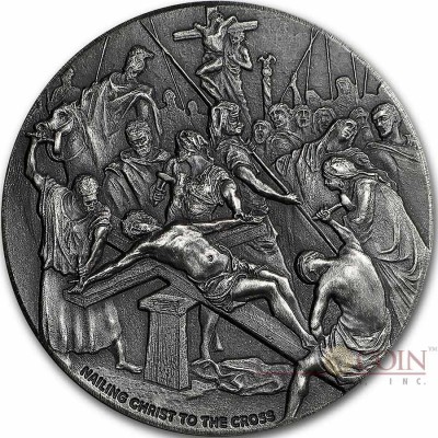Niue Island NAILING CHRIST TO CROSS series BIBLICAL Silver coin $2 High relief 2017 Antique finish 2 oz